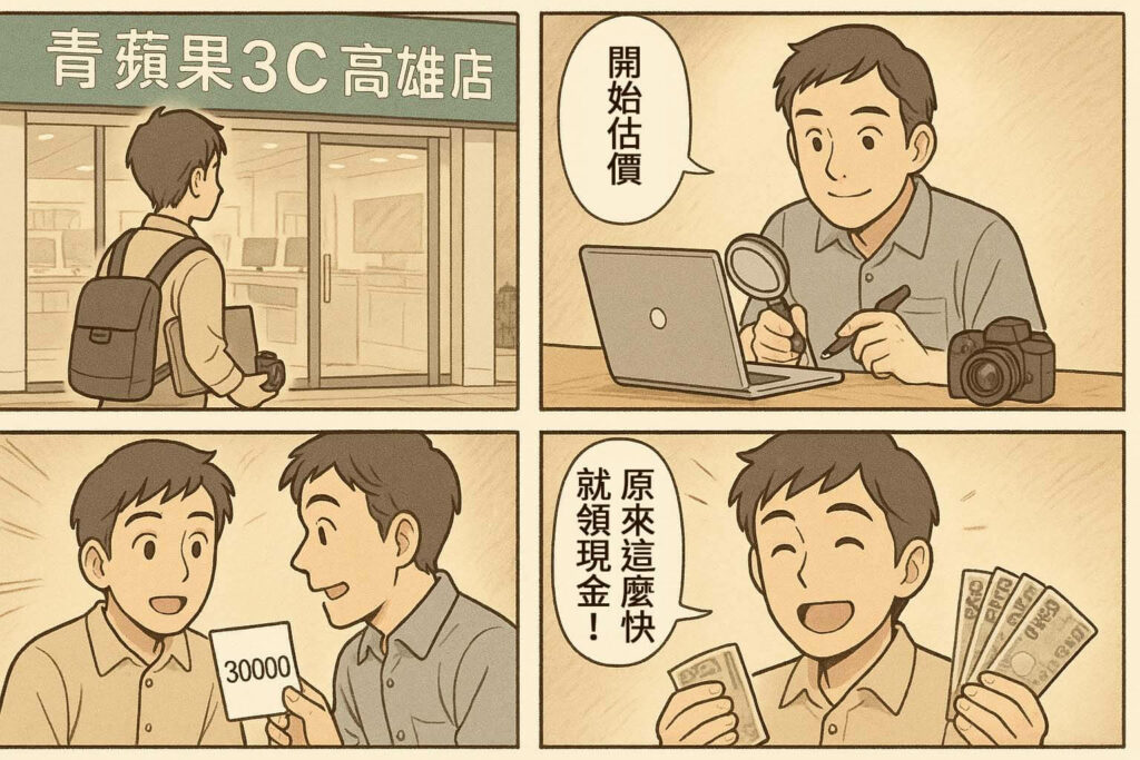 青蘋果3C 高雄二手店 收購流程 四格漫畫 日式風格