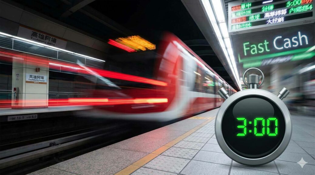 高雄捷運列車進站的動態模糊畫面，前景有計時器顯示3分鐘，象徵極速變現，背景為巨蛋站 / Motion-blurred image of Kaohsiung MRT train arriving at station, foreground timer showing 3 minutes, symbolizing fast cash out, background is Arena station.